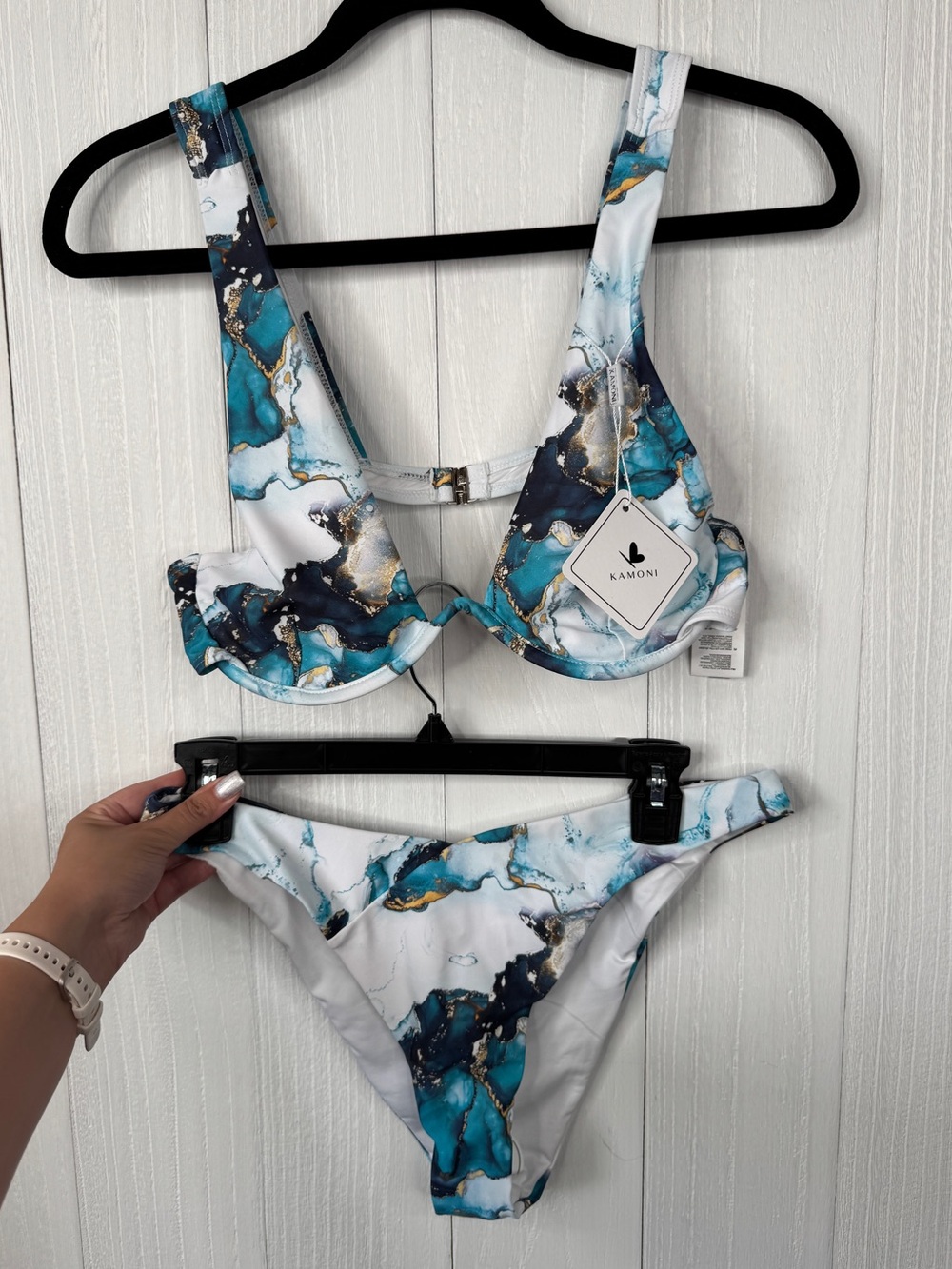 Kamoni Two-Piece Bikini | Abstract Marble Print in Blue, White, and Gold